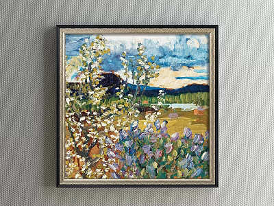 Oil Painting with Blooming White Flowers Purple Blossoms Green Meadow Blue Sky and Distant Mountains 3d model