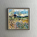 Oil Painting with Blooming White Flowers Purple Blossoms Green Meadow Blue Sky and Distant Mountains