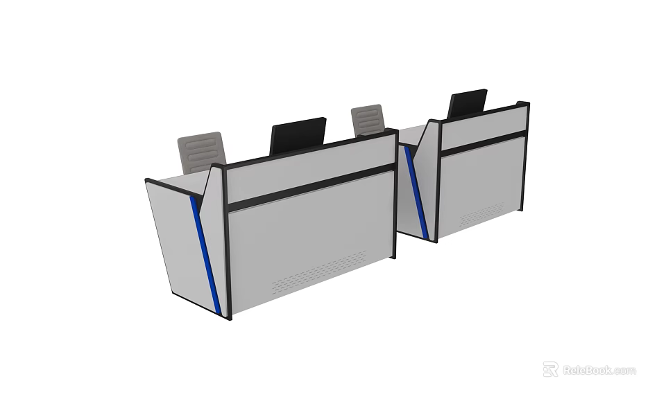 Modern Office Workstations With Gray Desks Blue Accents And Computer Monitors 3d model 