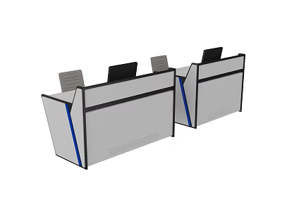 Modern Office Workstations With Gray Desks Blue Accents And Computer Monitors 3d model