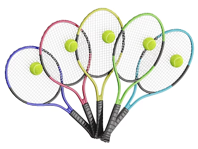 Colorful Tennis Rackets As Sports Equipment With Tennis Balls On Frames 3d model