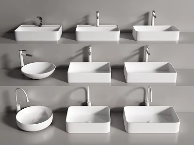 Modern Bathroom Ceramic Washbasins Featuring Rectangular and Round Shapes with Faucets 3d model