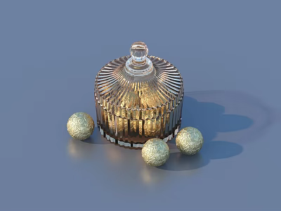 Shiny Golden Spherical Candies Around Decorative Glass Candy Jar with Lid 3d model