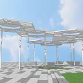 Modern Interconnected Pergola Structure With White Frame Green Lawn And Paved Ground 3d model