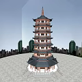 Traditional Chinese Multi story Pagoda With Curved Eaves In Urban Skyline