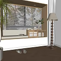 Cozy Bay Window with Blinds Cushion Storage Cabinets and Plants Near Floor Lamp