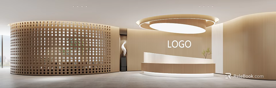 Modern Front Desk Reception With Wooden Paneling Circular Ceiling Light Lattice Partition And Logo Wall 3d model 