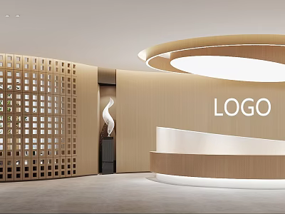 Modern Front Desk Reception With Wooden Paneling Circular Ceiling Light Lattice Partition And Logo Wall 3d model