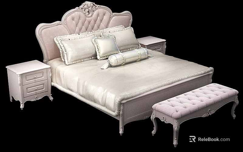 Elegant Double Bed with Carved Headboard White Pillows Nightstands and Pink Padded Bench 3d model 