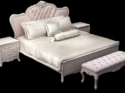 Elegant Double Bed with Carved Headboard White Pillows Nightstands and Pink Padded Bench 3d model