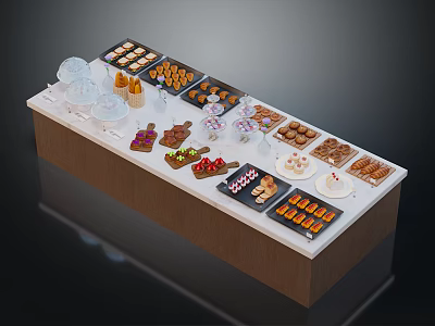 Assorted Dessert Display Table With Various Pastries Cookies And Fruit Tarts 3d model