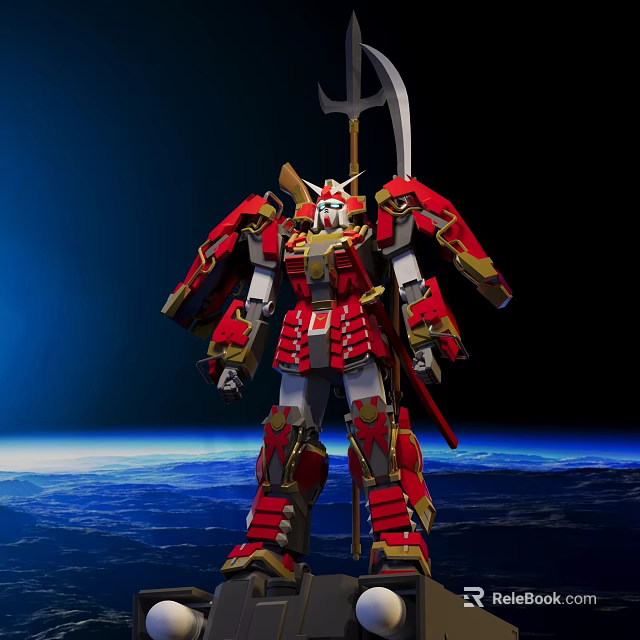 Red And Gold Samurai Style Mecha With Spear Weapon In Space Over Earth 3d model 