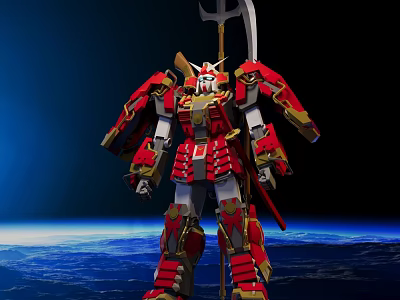 Red And Gold Samurai Style Mecha With Spear Weapon In Space Over Earth 3d model