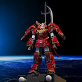 Red And Gold Samurai Style Mecha With Spear Weapon In Space Over Earth