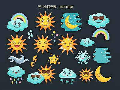 Weather Cartoon Elements Sun Moon Clouds Snowflakes Rainbow Cartoon Emoji 3d model