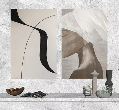 Modern Interior Wall Decor With Abstract Paintings Gray Textured Wall Fruit Bowl Magazine And Vases 3d model