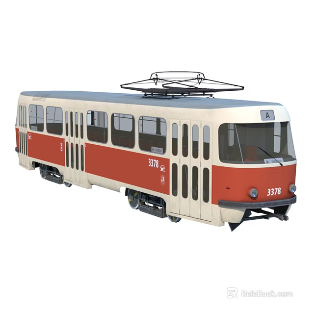 Red And Beige Tram With Pantograph On Top And Number 3378 Design 3d model 