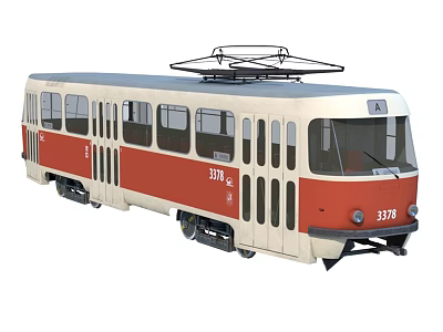 Red And Beige Tram With Pantograph On Top And Number 3378 Design 3d model