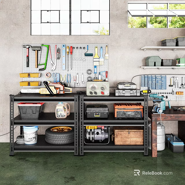 Organized Garage Workshop With Tool Pegboard Metal Shelves Storage Bins Tire Motor And Wooden Crate 3d model 