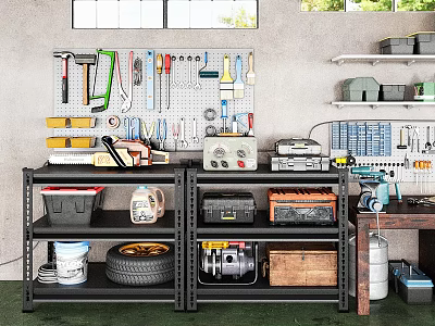 Organized Garage Workshop With Tool Pegboard Metal Shelves Storage Bins Tire Motor And Wooden Crate 3d model