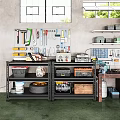 Organized Garage Workshop With Tool Pegboard Metal Shelves Storage Bins Tire Motor And Wooden Crate