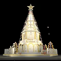 Tall Ornate Christmas Tree With Star Top Golden Decorations And Festive Base
