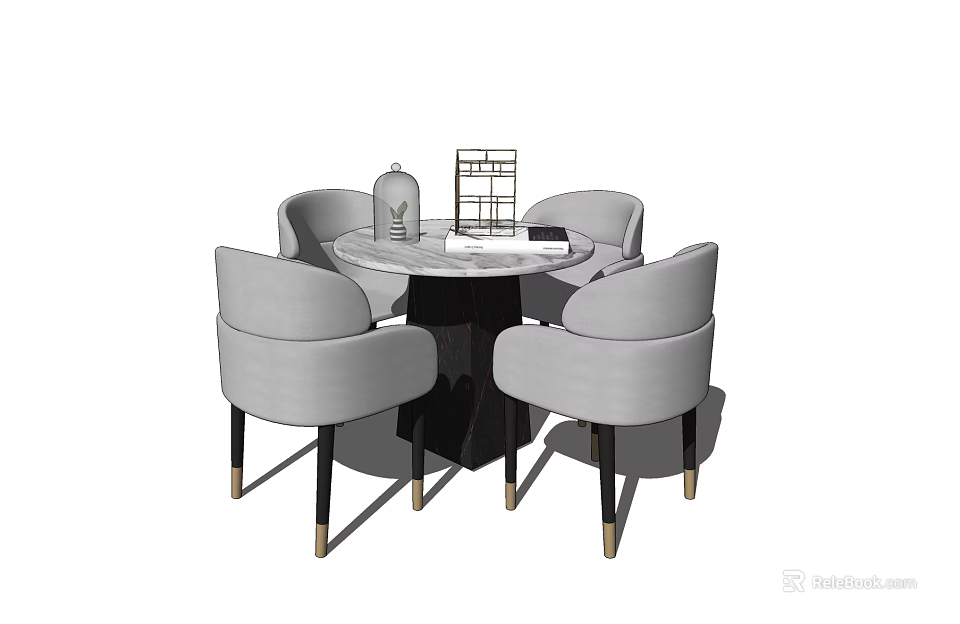 Modern Round Dining Table Set With Marble Top And Grey Upholstered Chairs 3d model