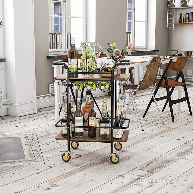 Modern Kitchen Storage Rack With Wine Bottles Flower Vase And Rolling Wheels 3d model