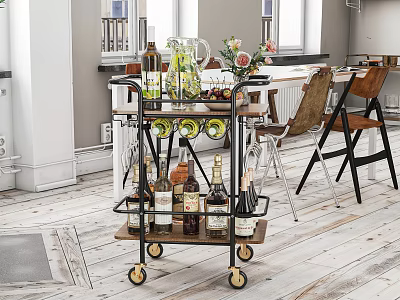 Modern Kitchen Storage Rack With Wine Bottles Flower Vase And Rolling Wheels 3d model