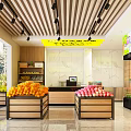 Grocery Supermarket Interior With Fresh Fruit Displays Delivery Service And Cashier Counter