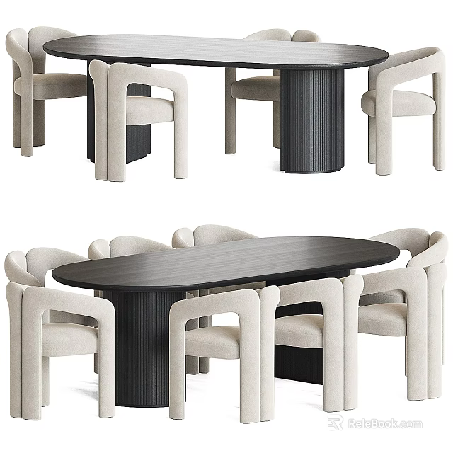 Modern Dining Table Set With Black Table And Beige Upholstered Chairs Design 3d model 