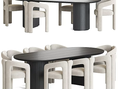Modern Dining Table Set With Black Table And Beige Upholstered Chairs Design 3d model