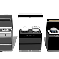Modern Kitchen Appliances Featuring Stoves Range Hoods And Cooking Pots 3d model