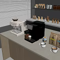 Modern Coffee Bar With Espresso Machines Cups Bean Bags And Supply Shelves