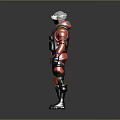 Game And Movie Character Wearing Red Black Tactical Outfit With Blue Stripes Helmet Armored Vest