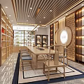 Chinese Style Tobacco and Alcohol Store Interior Design With Wooden Shelves Display Tables and Chairs