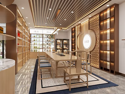 Chinese Style Tobacco and Alcohol Store Interior Design With Wooden Shelves Display Tables and Chairs 3d model