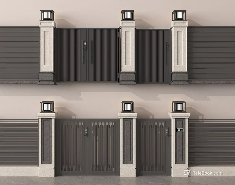 Modern Exterior Feature Wall With Gray Black Slatted Panels Pillars And Lamp Posts 3d model