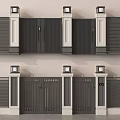 Modern Exterior Feature Wall With Gray Black Slatted Panels Pillars And Lamp Posts 3d model