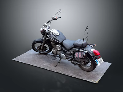 Black Classic Motorcycle With Leather Seat Rearview Mirrors And License Plate On Gray Mat 3d model