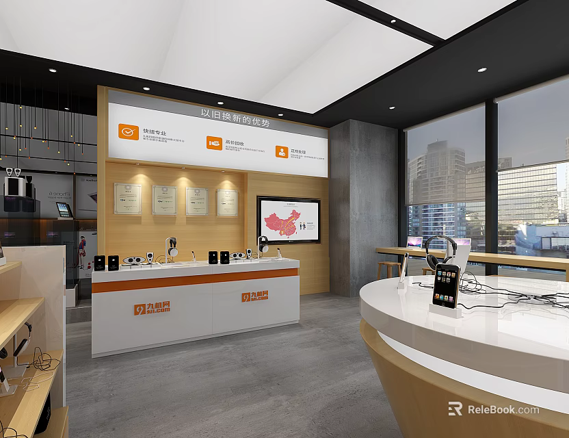 Modern Digital Store Interior With Display Counters And Tech Products On Shelves 3d model 