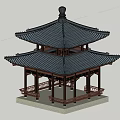 Traditional Chinese Two Story Pavilion With Black Tiled Roof And Wooden Carved Railings