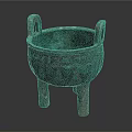 Ancient Bronze Tripod With Green Patina Double Handles Three Legs And Decorative Patterns