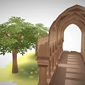 Cartoon Style Arched Stone Corridor With Columns Stone Floor Green Plants And Small Decorations
