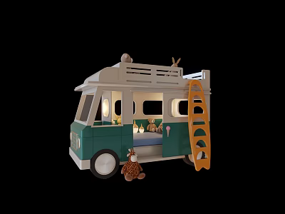 Cute Camper Shaped Children's Bed Green And White With Yellow Ladder And Plush Bear 3d model