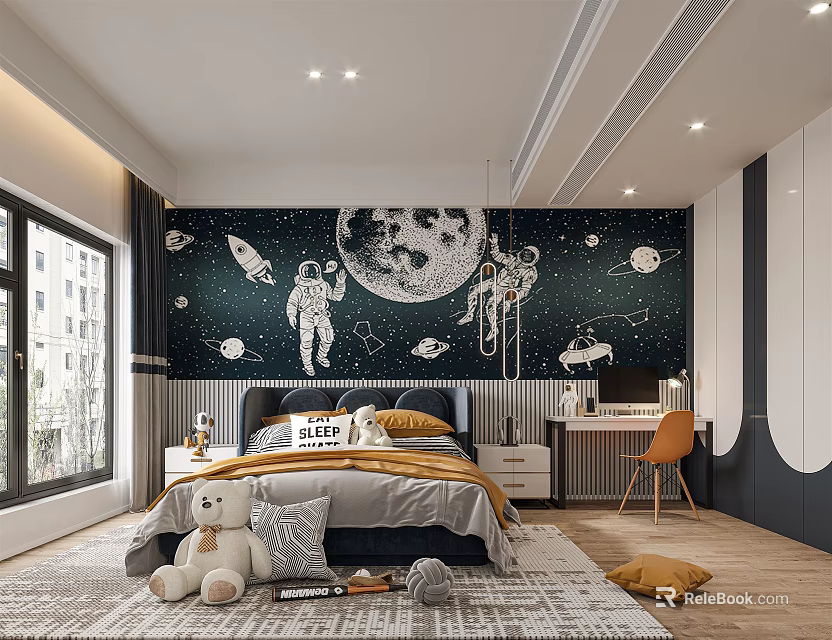 Space Themed Kids Room Interior With Astronaut Moon Bed Desk And Teddy Bear 3d model 
