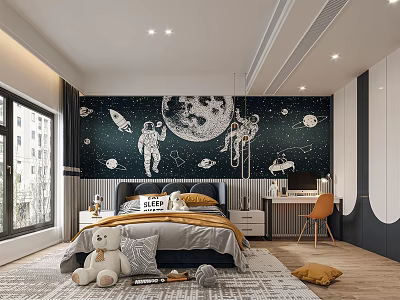 Space Themed Kids Room Interior With Astronaut Moon Bed Desk And Teddy Bear 3d model