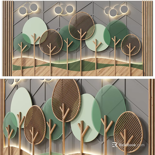 Modern Elegant Background Wall With Wooden Tree Pattern Geometric Shapes And Green Brown Tones 3d model 