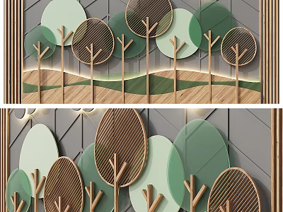 Modern Elegant Background Wall With Wooden Tree Pattern Geometric Shapes And Green Brown Tones 3d model