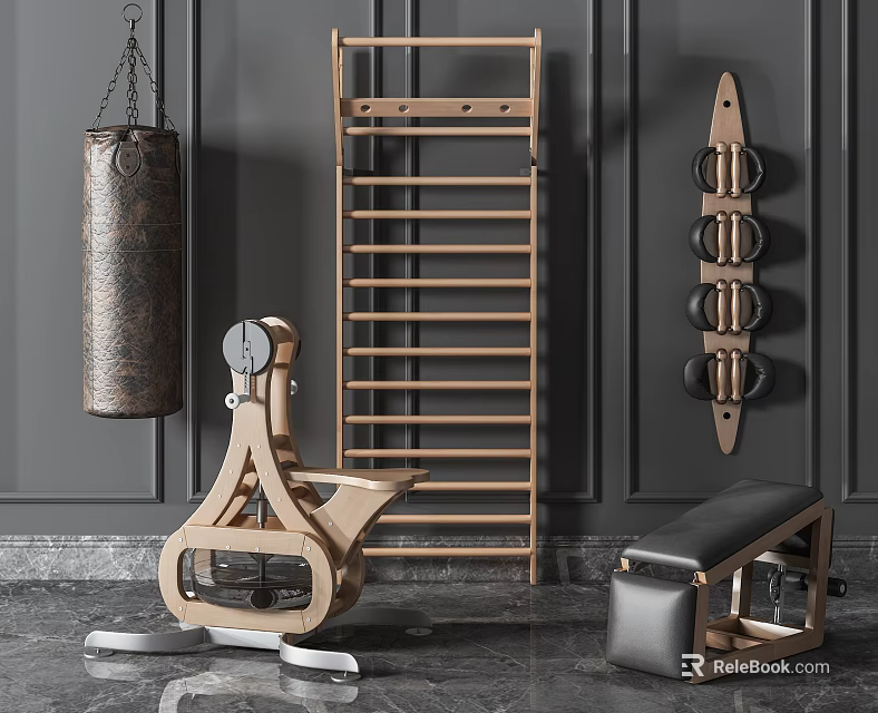 Indoor Sports Equipment Set with Wooden Training Rack Punching Bag Grip Rings and Exercise Bench 3d model